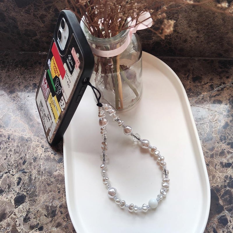 WCCH Beaded Phone Charm Y2K Kawaii Handmade Acrylic Phone Lanyard Wrist Strap for Camera Bag Airpods Keychain Charm Pure White Pearl - Image 4